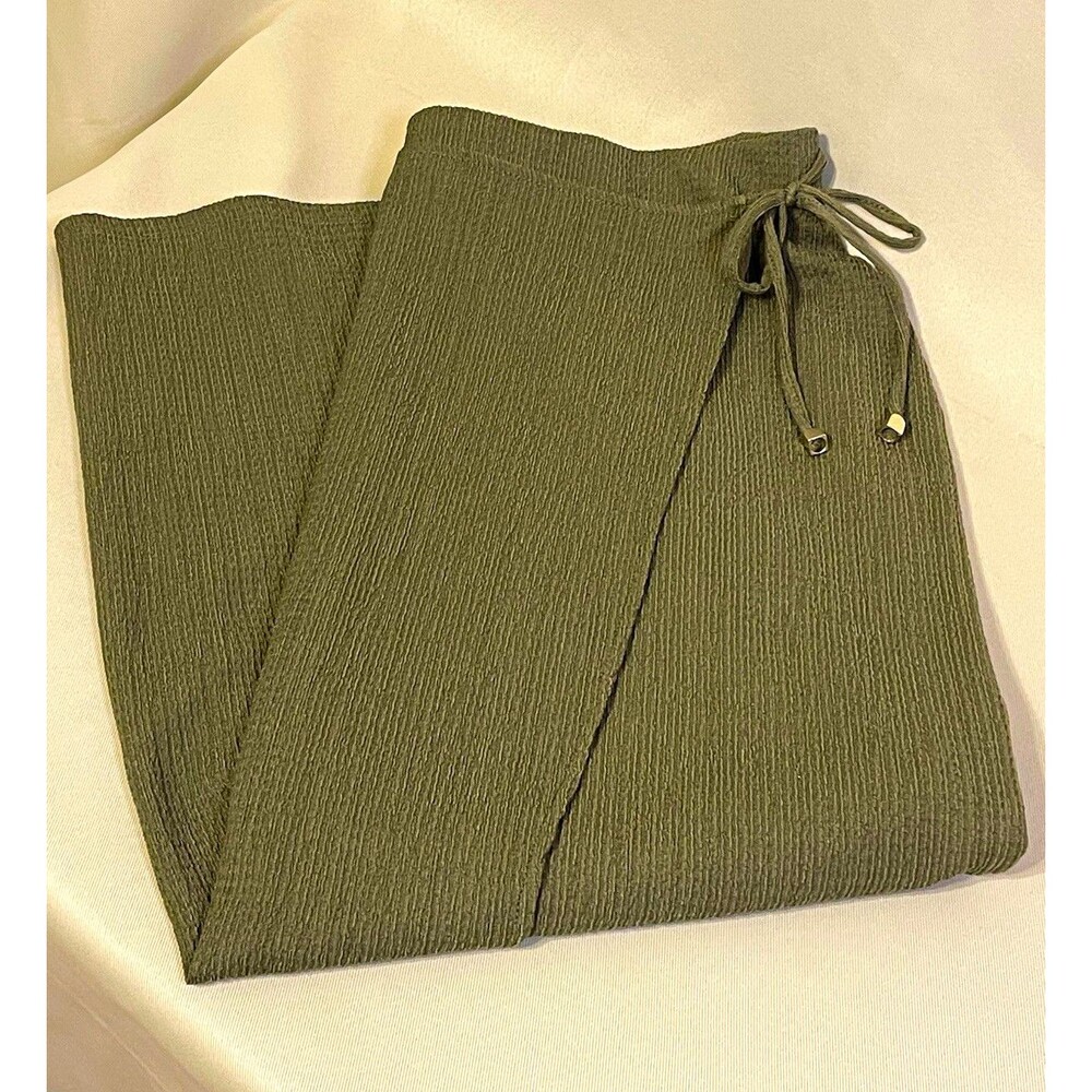 H&M Women's Green Wrap Midi Skirt M High Rise Stretch Knit Drawstring Waist